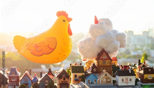 Giant Yellow Rubber Chicken Cloud Hovers Over Miniature Dollhouse City Under Bright Sunlight