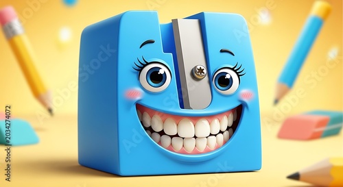 Cute blue monster toy sitting on colorful pencils.