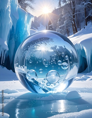 Icy sphere captures winter sunlit forest scene