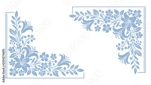 Blue floral corner frame design with lily flowers and berries on transparent background.