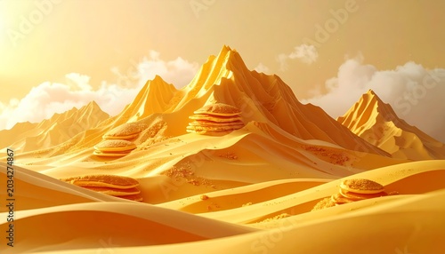 Golden desert mountains with stacked pancake-like peaks under a warm, hazy sky