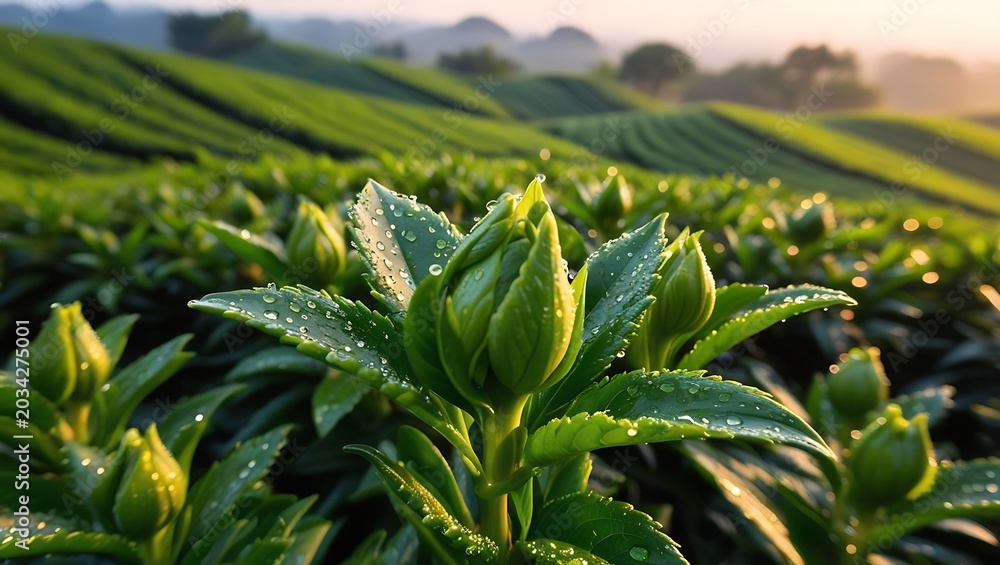 Obraz premium Fresh Green Tea Plantation at Sunrise with Dew Drops on Young Tea Leaves