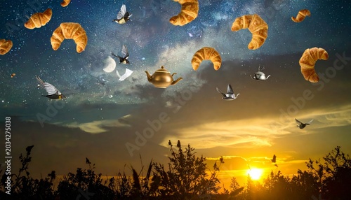 Golden Teapots With Tiny Wings Soaring Alongside Croissants and Birds Through a Dreamy Sunset Sky