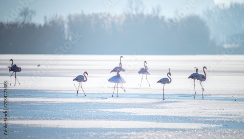 Graceful Flamingos in Tiny Tutus Performing Ballet on a Frozen Lake