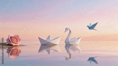 Origami swan boat and rose on water