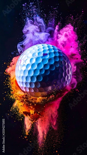 Golf ball exploding with colorful powder dust