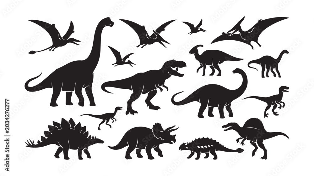 Obraz premium Collection of Various Dinosaur Silhouettes on White Background