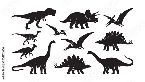 Fotografie Assortment of Black Dinosaur Silhouettes Isolated on a White Background