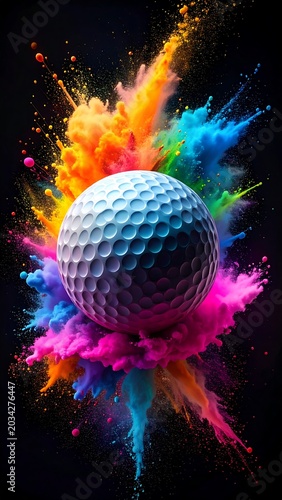 Golf ball exploding with vibrant color powder