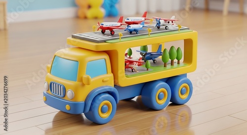 Bright yellow toy truck with colorful blocks on wooden floor.