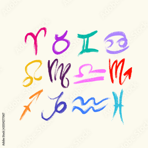 Twelve simple outline hand drawn icons of astrological zodiac signs. Crayon pencil drawn linear horoscope symbols. Colorful celestial graphical elements.