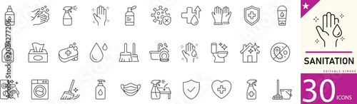 Foto Sanitation line icon set for hygiene, cleaning, waste management, disinfecting, and public health services