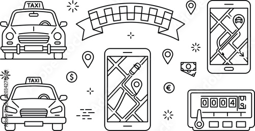 Schilderij op canvas Taxi service line icons vector set featuring cabs smartphone navigation map pins checkered banner meter and currency cash