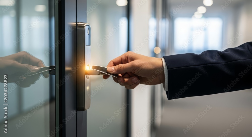 Obraz premium Businessman's Hand Using Keycard to Unlock Modern Office Door for Access