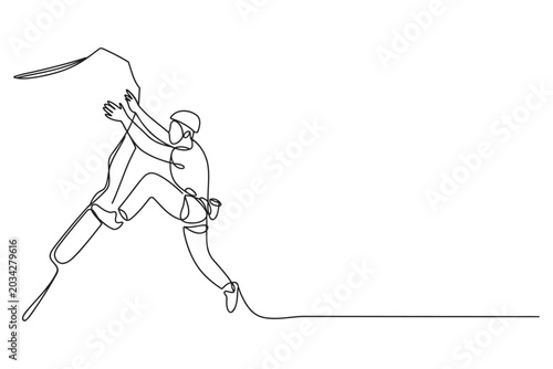 Photos Minimalist one line drawing of a rock climber with ice axe on a cliff line art c