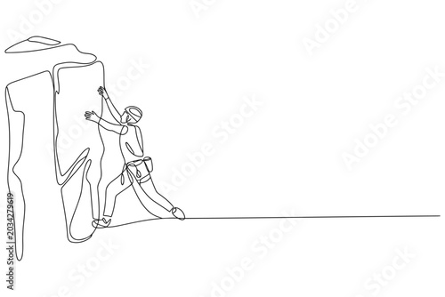 Photos Continuous line drawing of a lone climber reaching for a handhold on mountain wi