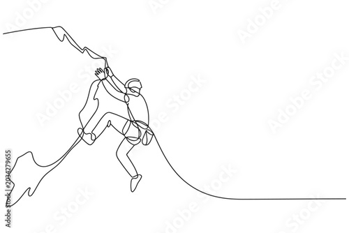 Photos Stylized one line drawing of a person climbing a rocky mountain with an ice axe