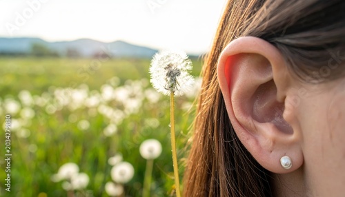 Human Ear Listening to Dandelion Seeds in a Sunny Meadow Captures the Gentle Whispers of Nature