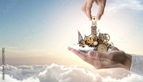 Human hand meticulously builds intricate miniature city from discarded watch parts atop a cloud