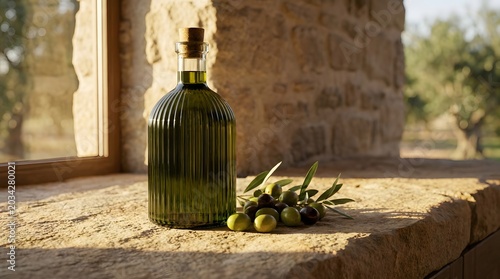 Elegant glass bottle filled with golden olive oil sitting beside fresh green and black olives on a rustic stone ledge captured in this beautiful warm photograph