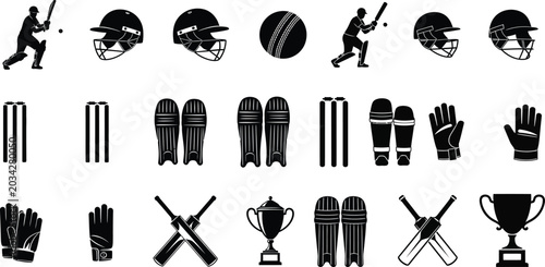 Cricket equipment collection icons representing sports gear and trophy