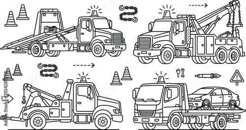 Foto Tow truck roadside assistance line icon vector set with flatbed carrier wrecker