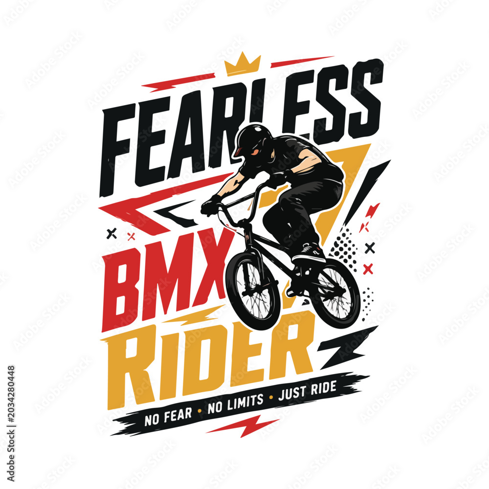 Obraz premium Modern extreme sports t-shirt illustration featuring BMX rider and bold geometric typography saying “Fearless BMX Rider”