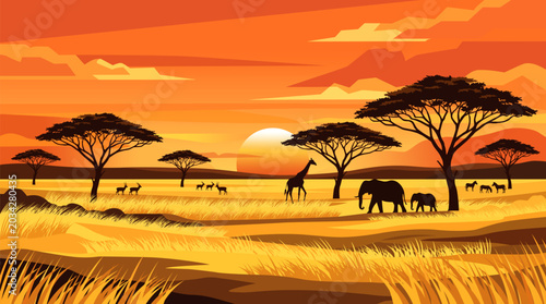 Photography African savannah landscape with wild animals silhouettes at sunset vector illust