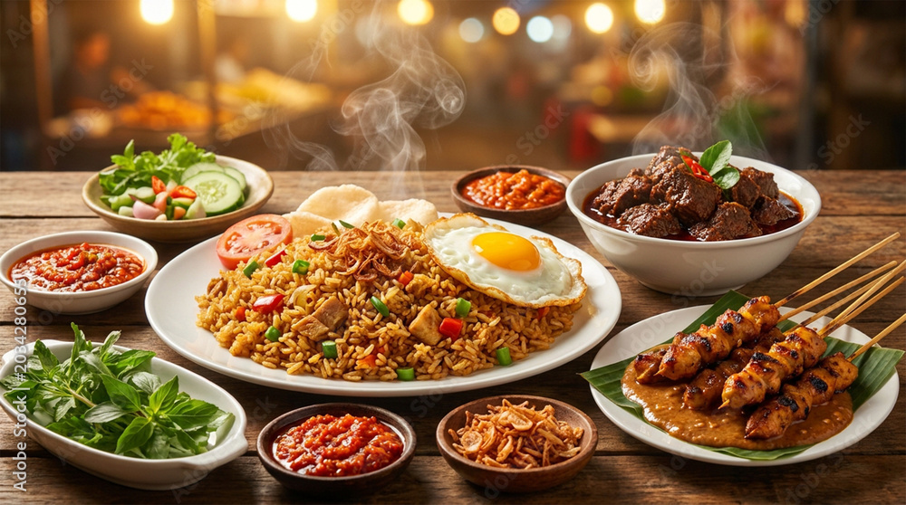 Obraz premium Delicious Indonesian Traditional Food Spread with Nasi Goreng Satay and Rendang