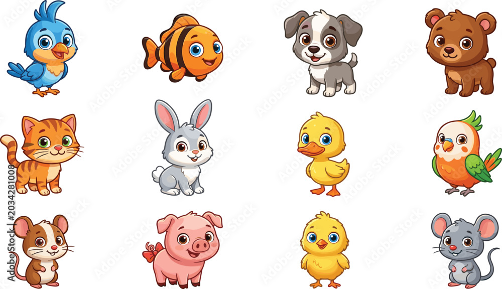 Obraz premium Cute Cartoon Baby Animals Collection — 12 Adorable Characters Clipart Set