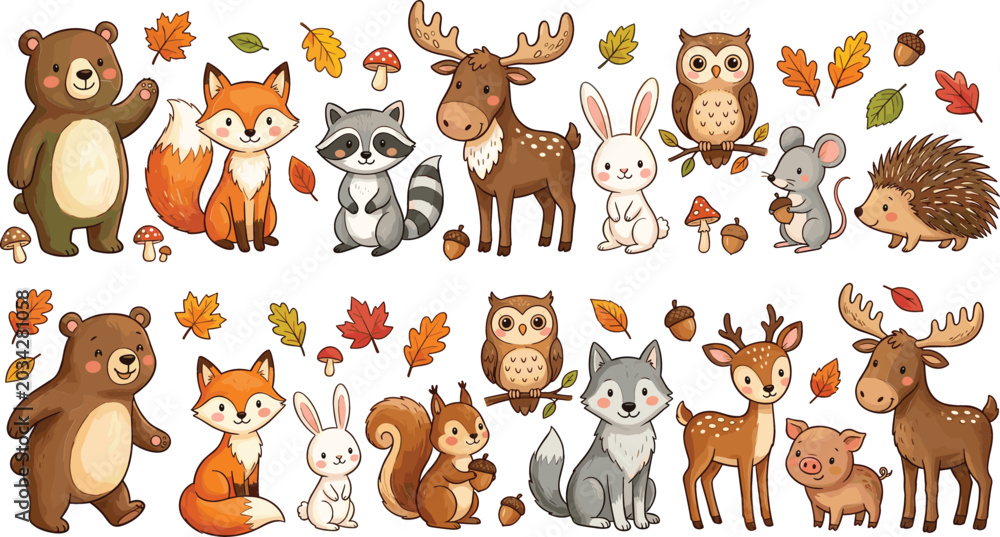 Obraz premium Cute Cartoon Woodland Animals Vector Set with Autumn Leaves for Children Books Educational Materials and Greeting Card Designs