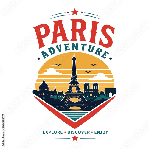 Photography Paris Adventure typography t-shirt design, retro curved font, city silhouette wi