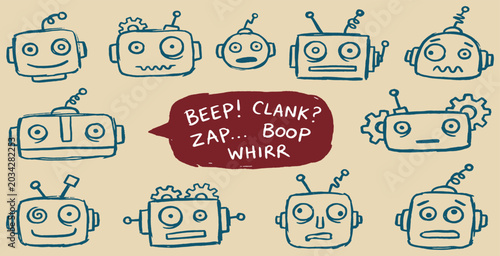 Foto Collection of hand-drawn cartoon robot heads with various expressions and sound effects