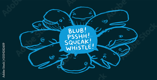 Bilde på lerret A group of cartoon whales communicating with speech bubbles containing sounds like blub, psssh, squeak, and whistle