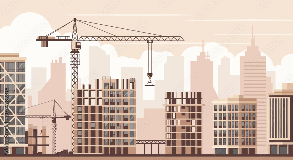Fototapeta premium Urban Construction Site with Cranes Building Modern High-Rise Structures