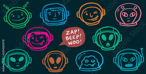 Canvas Print Collection of cartoon astronauts and aliens in helmets with funny expressions and sound effects