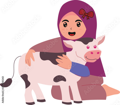 Cute Muslim girl in hijab hugging a small cow vector illustration