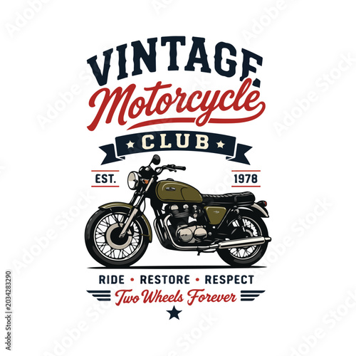 Vintage Motorcycle Club typography design, bold serif font with handwritten accent, classic bike illustration, flat solid colors, white background
