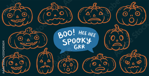Fotografi Collection of Halloween pumpkins with various carved faces and expressions, including the word 'Boo!'
