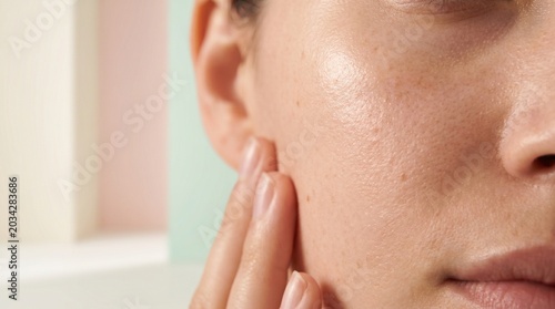 Smooth skin refined pore healthy complexion natural texture glowing cheek close up hydrated clear youthful beauty face skincare