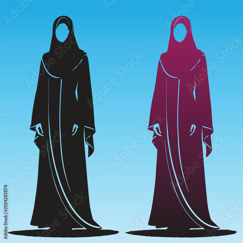 Elegant Muslim women silhouette wearing abaya and hijab dress on blue background vector illustration