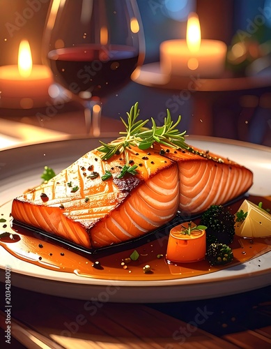 Gourmet salmon steak with rich sauce, candlelight dinner