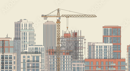 Modern Urban Construction Site with High-Rise Buildings and Crane