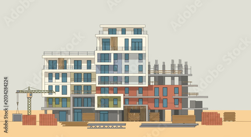 Modern MultiStory Residential Building Under Construction Illustration