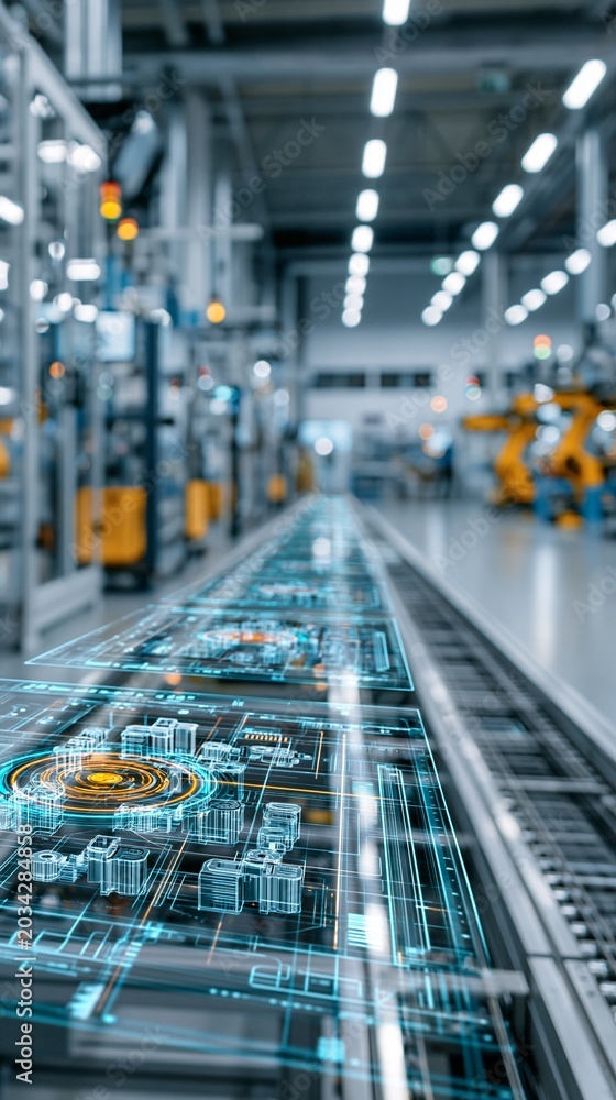 Naklejka premium Medium shot of an assembly line digital twin dashboard with interactive 3D visuals tracking component fitting and quality control in a hightech production facility.