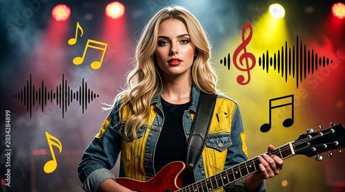 A blonde female guitarist wearing a blue and yellow denim jacket holds a red electric guitar on a smoky stage with vibrant spotlights and musical notes