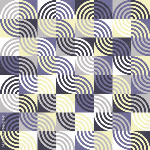Seamless geometric pattern with wavy lines and concentric circles in pastel tones. Eps 10