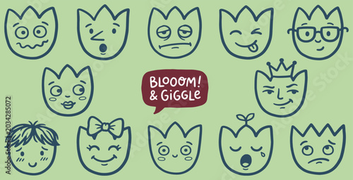 Tableau sur toile Collection of cute tulip characters with various facial expressions and emotions, including a boy's face