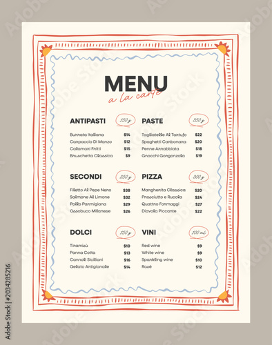 Italian restaurant menu template with hand-drawn decorative border in red, green and gold on cream background, elegant bistro style