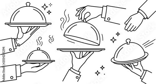 Quadro su tela Waiter hand holding food tray cloche vector line icon set restaurant catering se